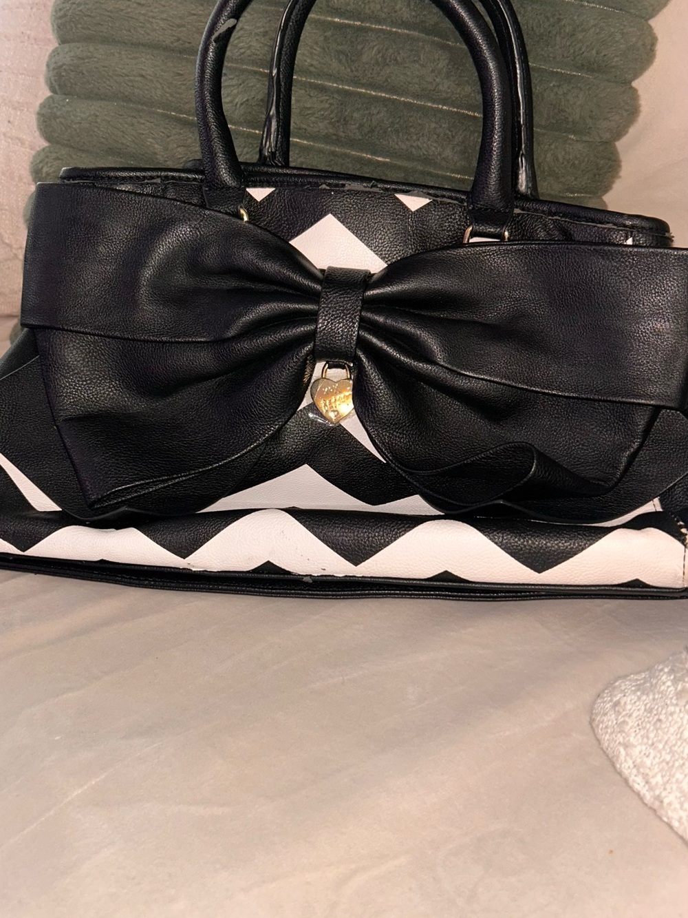 Betsey Johnson Black & White Chevron Bow Satchel